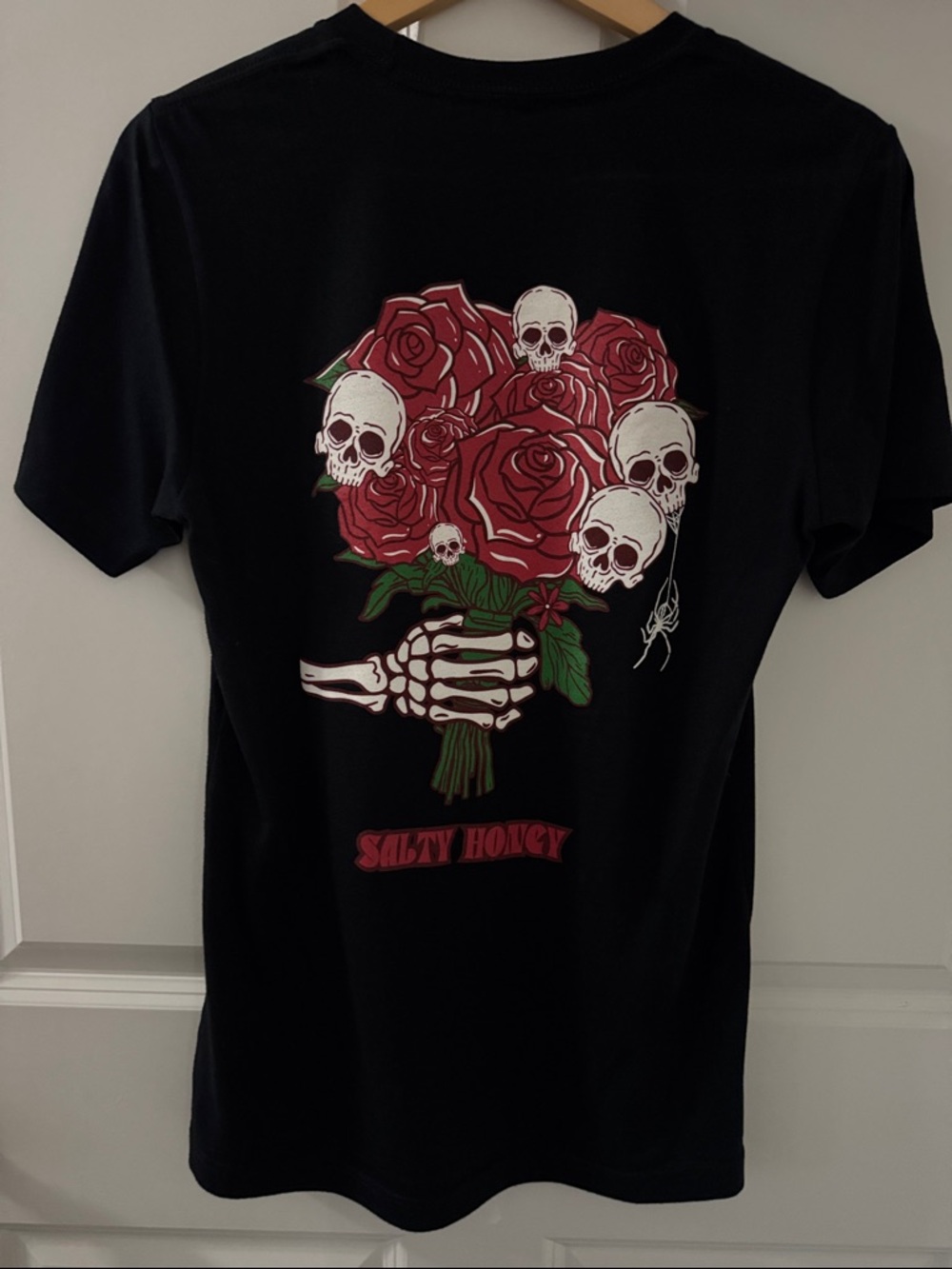 Salty Honey Women's Black Short-Sleeve Tee with Red Rose & Skull Graphic